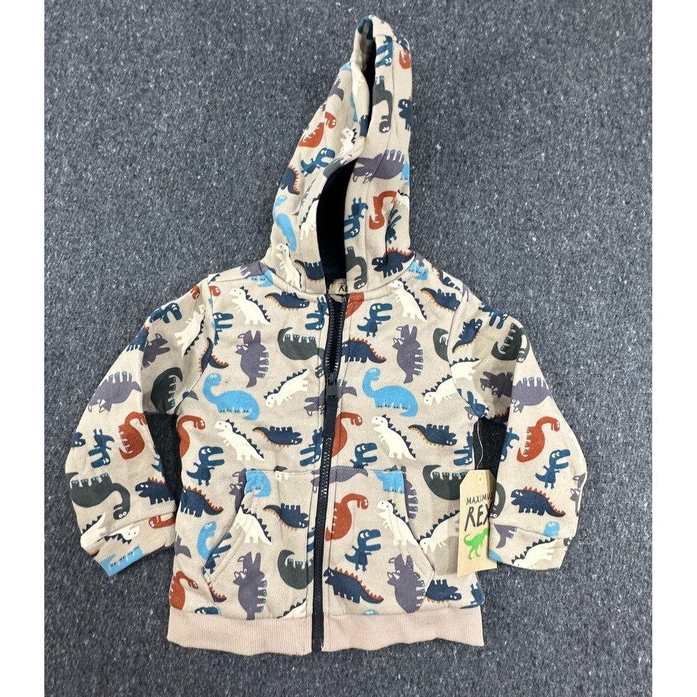 Maximus Rex Boys Dinosaur Hoodie Size 3T Full Zip Sherpa Lined Jacket dark ivory